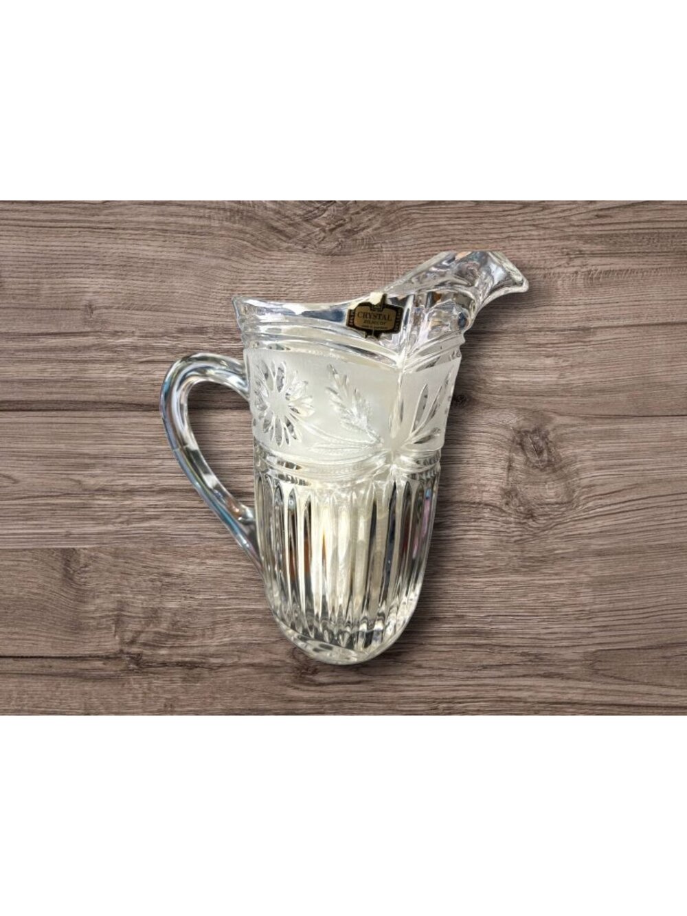 Vintage Zajecar 24% Hand Cut Crystal Pitcher Heavy Floral Design Frosted Backgro